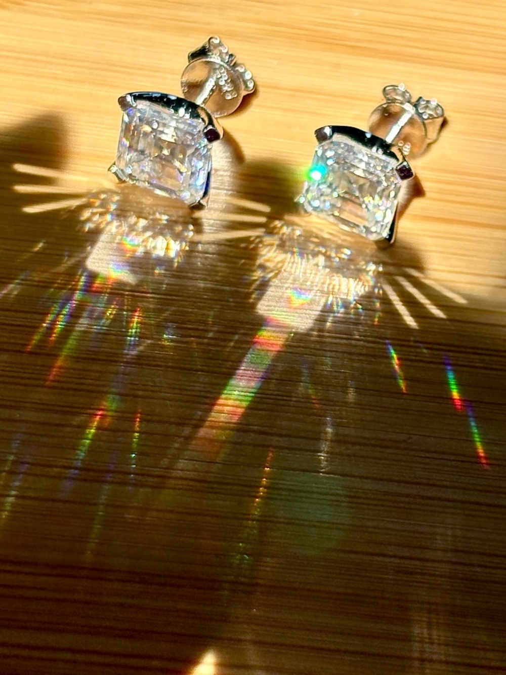 A perfect pair of 6ctw Asscher Moissanite studs in 935 Argentium silver!